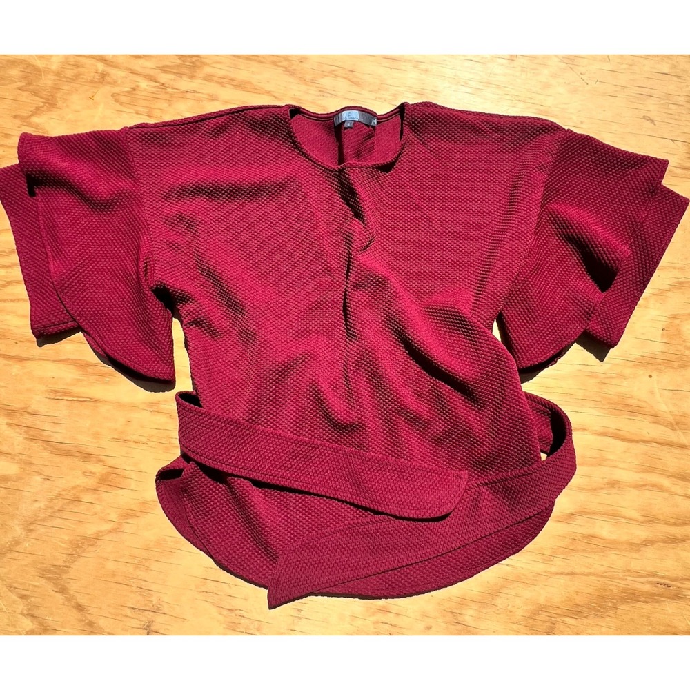 Eva Franco Burgundy Textured Knit Ruffle Tiered Sleeve Belted Blouse Small